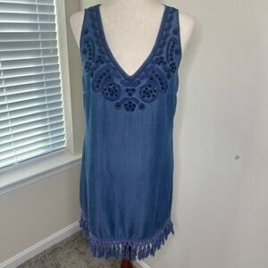 Beige by eci dress Size Medium Fringe Unique V Neck Chambray